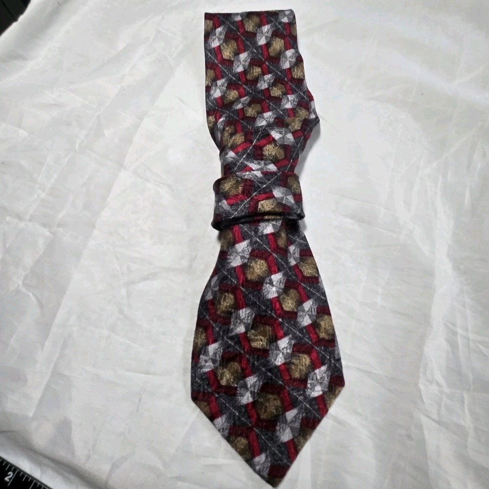 Pavia 100% Silk Tie Made Italy Burgundy Gray Gold Geometric Wide Necktie 154cm